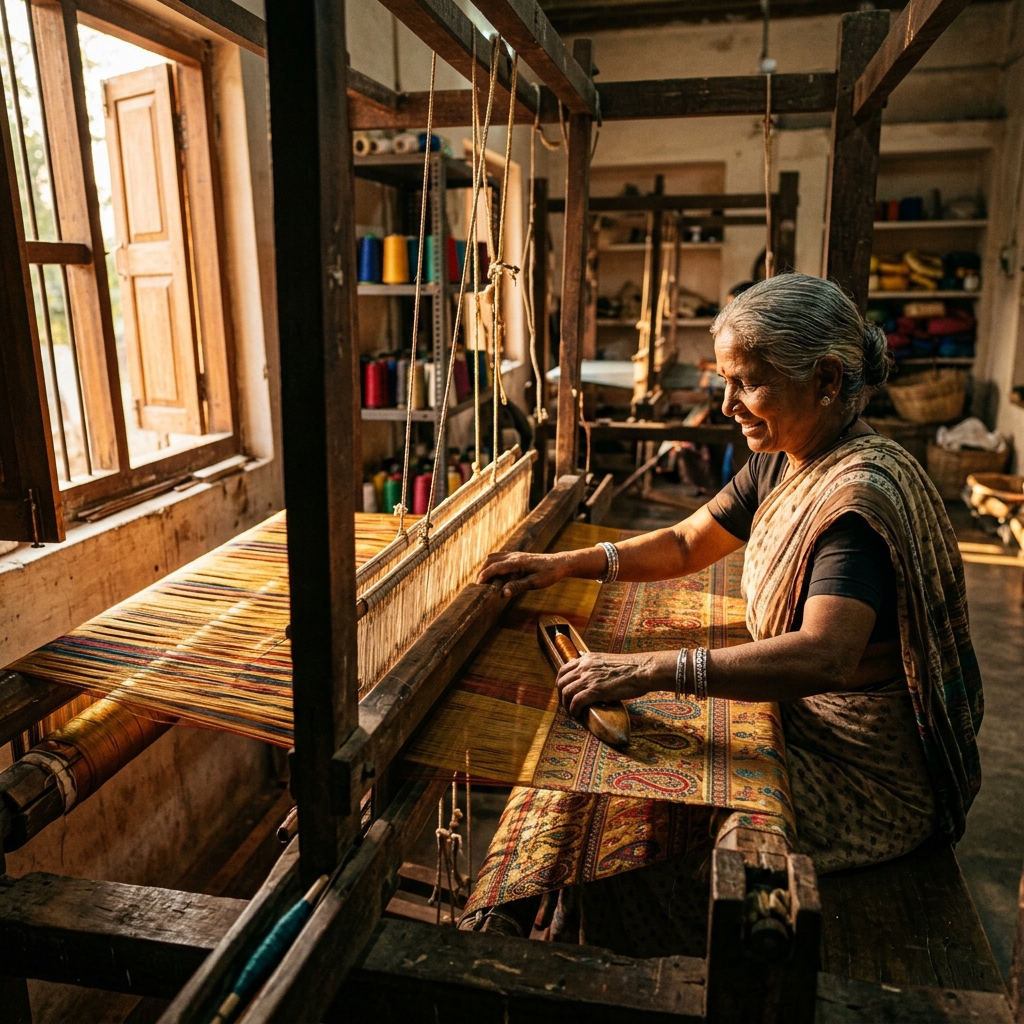 Artisan weaving silk on wooden loom