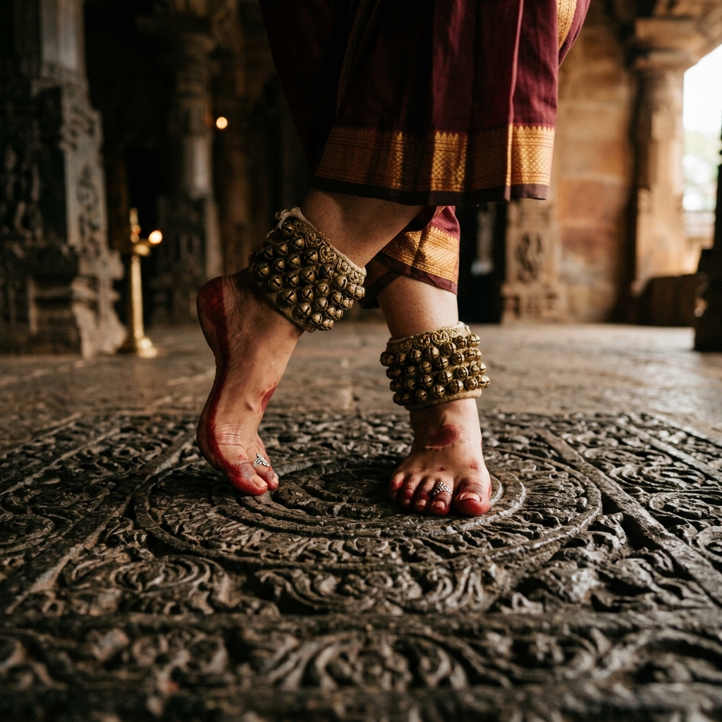 Classical dancer wearing ghungroo on stone floor