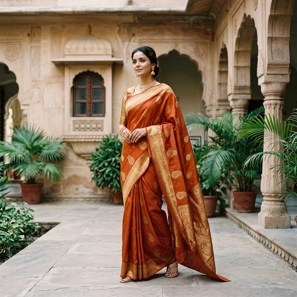 Woman wearing elegant orange and gold silk saree
