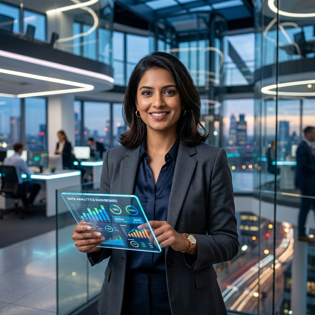 Indian businesswoman working with holographic screen details